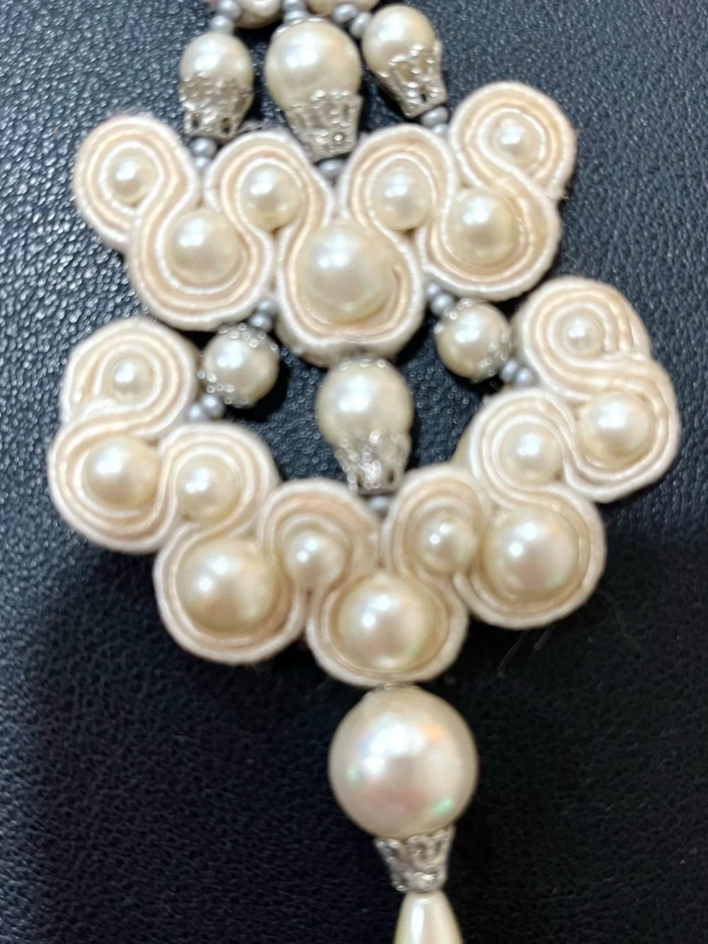 Tory Burch Chandelier Earrings Leather Beaded Ivory Pearl